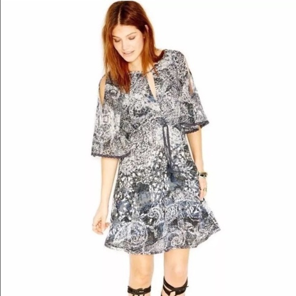 Free People Love Birds Cold Shoulder Mini Dress Blue Size Small Bohemian Cut Out